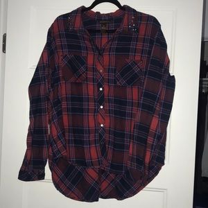 Red and navy blue flannel with lavender accent